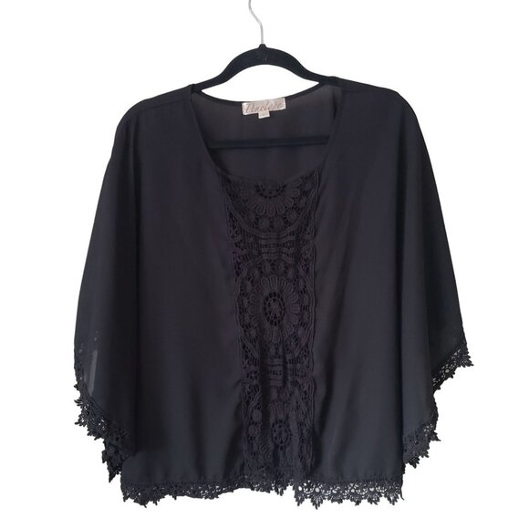 Penelope blouse size Small kimono sleeve cropped black lace trim floral - Picture 1 of 8